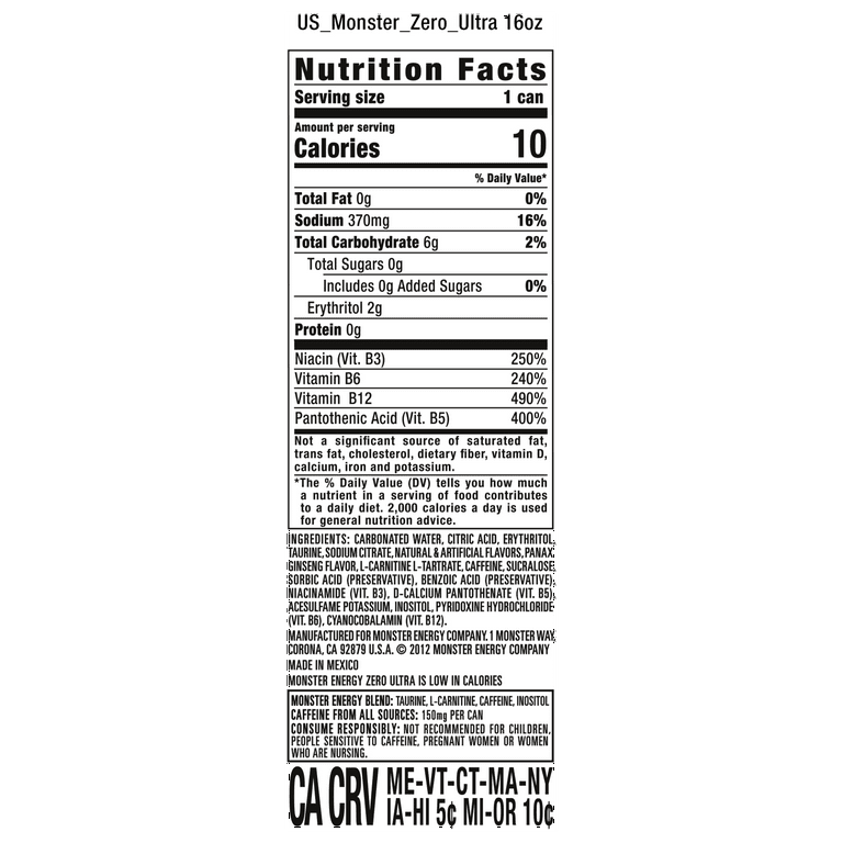 Zero Sugar Monster Nutrition Facts